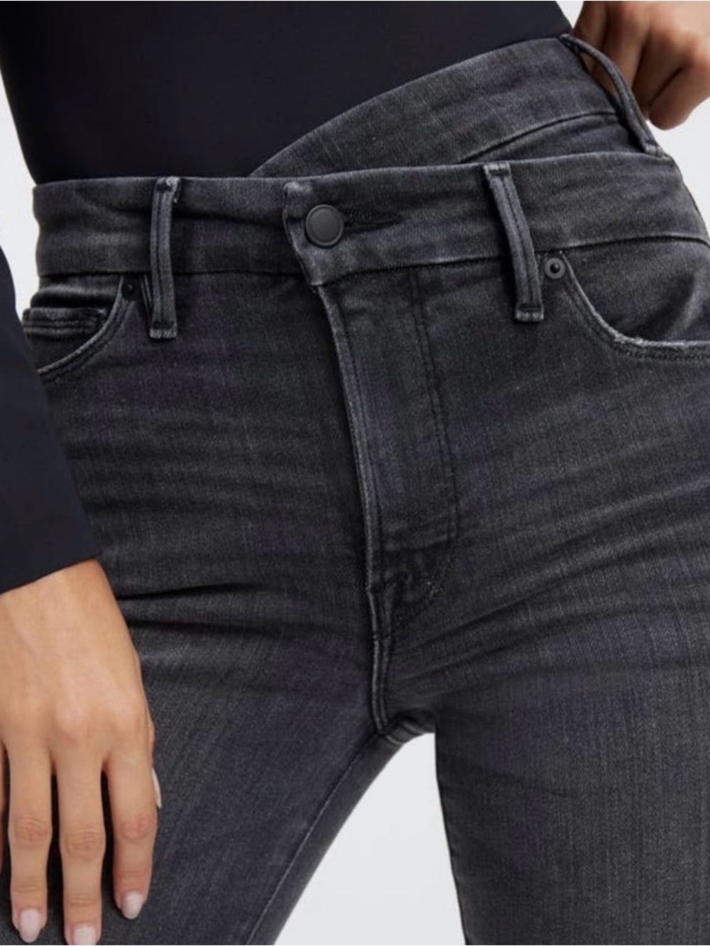 Good American Black Slim Straight Jeans crossover waistband